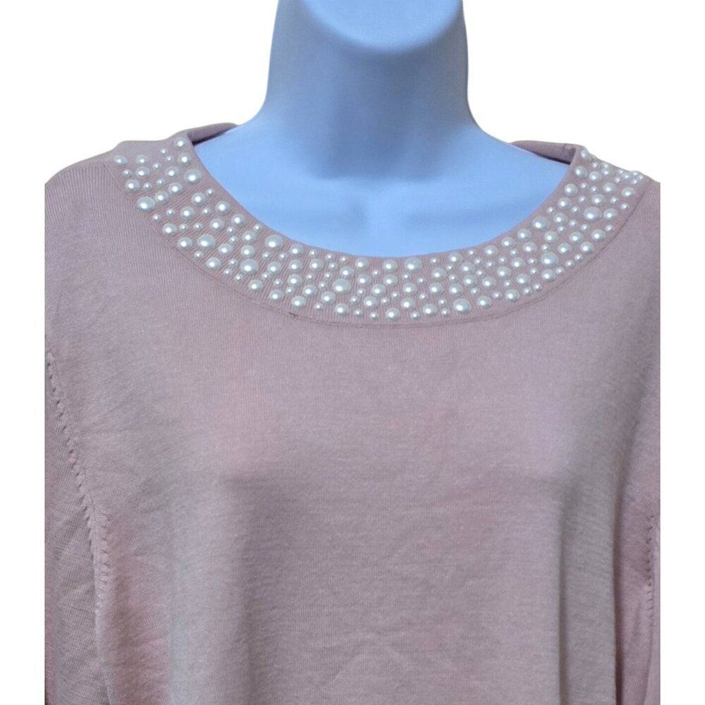 Pale Pink Sweater Pearl Embellished Neckline cottagecore office wear soft warm